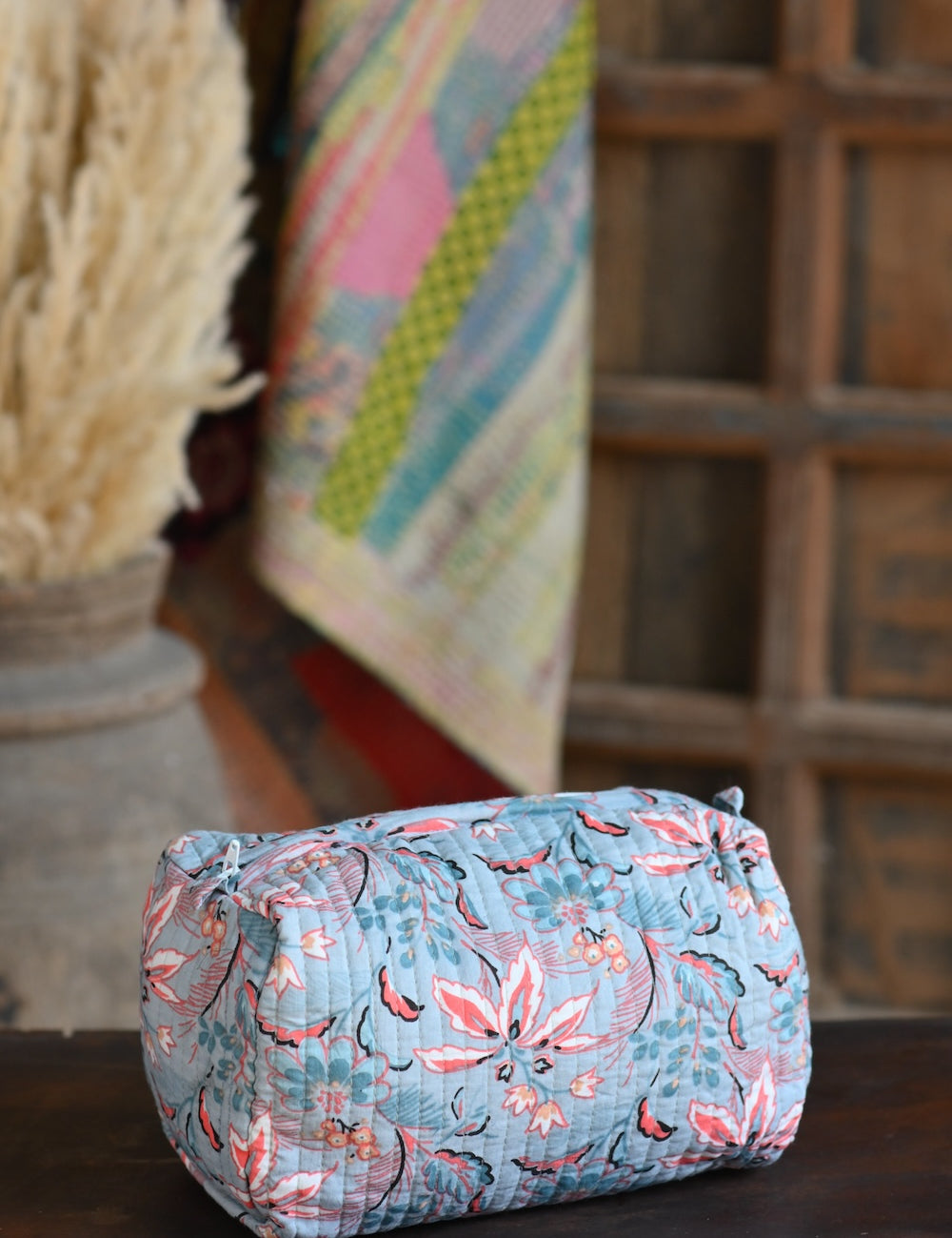 Ekaurr Peach Petal Pouch handcrafted fabric pouch in soft peach with petal-inspired floral detailing, artisan Indian textile accessory for gifting jewellery storage and everyday use
