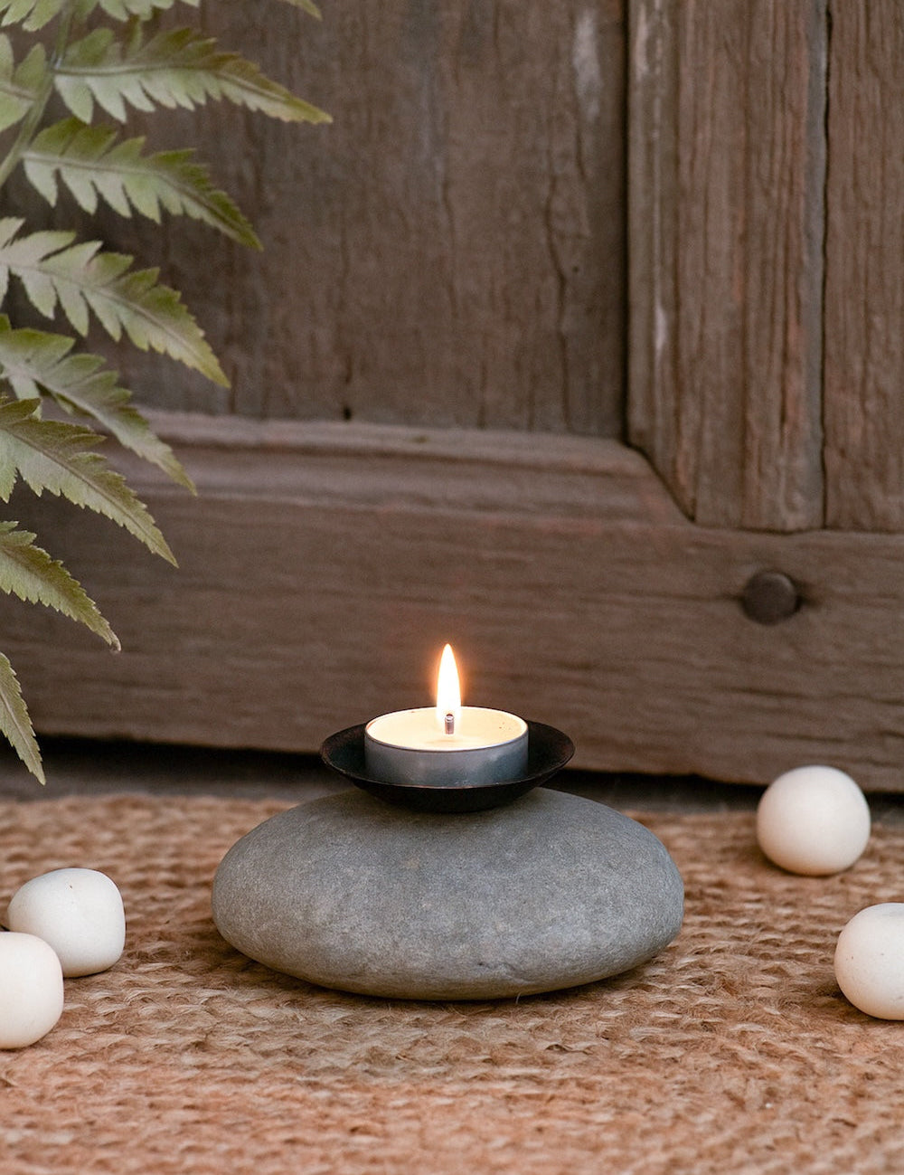Ekaurr Pebble Tea Light Holder smooth natural river pebble with carved tea light well, organic stone candle holder for minimal and nature-inspired home decor