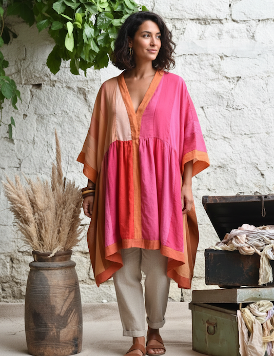 Ekaurr Petals in Transition Dress handcrafted artisan fabric dress with a transitional floral petal motif in gradient or ombre tones, slow fashion wearable for conscious women's styling