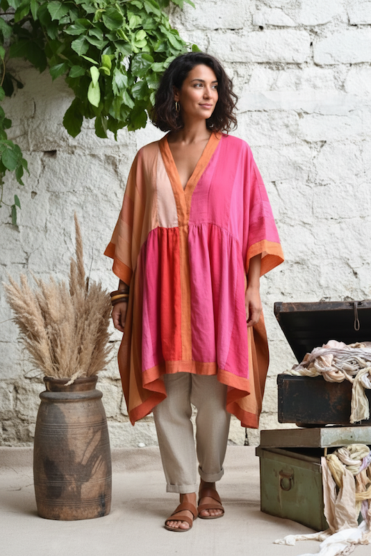 Ekaurr Petals in Transition Dress handcrafted artisan fabric dress with a transitional floral petal motif in gradient or ombre tones, slow fashion wearable for conscious women's styling