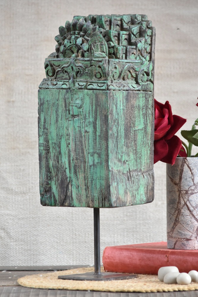 Ekaurr The Pillar Relic Decorative Stand aged reclaimed wood carved column with antique architectural detailing, one-of-a-kind heritage display riser for sculptures and home accents