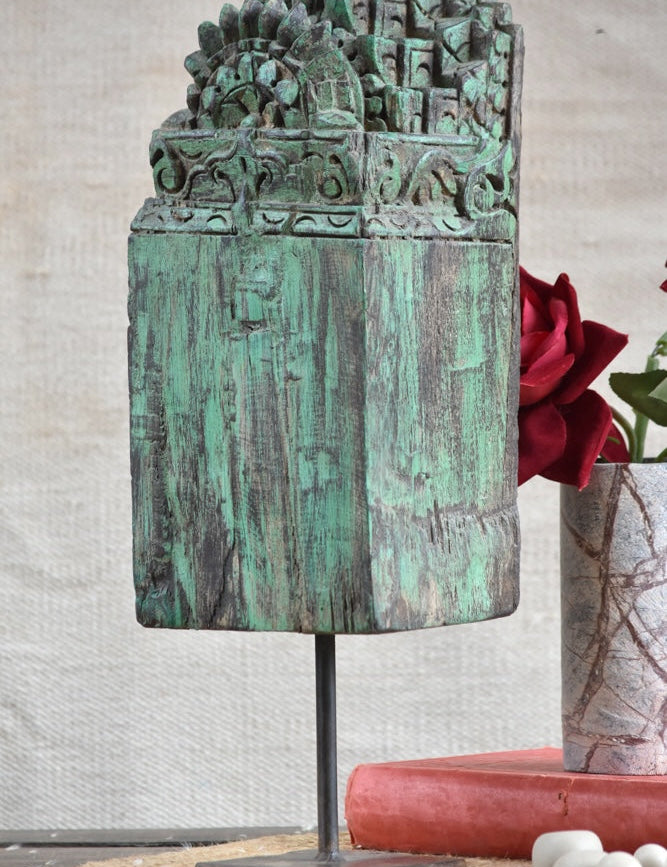 Ekaurr The Pillar Relic Decorative Stand aged reclaimed wood carved column with antique architectural detailing, one-of-a-kind heritage display riser for sculptures and home accents