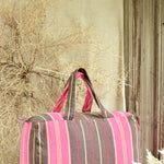 Ekaurr Pink Green Fabric Picnic Bag handcrafted quilted cotton picnic tote in fresh pink and botanical green with a spacious structured form, artisan Indian textile bag for picnics outings and nature-inspired everyday use