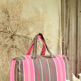 Ekaurr Pink Green Fabric Picnic Bag handcrafted quilted cotton picnic tote in fresh pink and botanical green with a spacious structured form, artisan Indian textile bag for picnics outings and nature-inspired everyday use