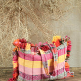 Ekaurr Pink Threaded Tales Bag with Fringes handcrafted kantha or patchwork fabric tote in pink tones with tassel fringe detailing, artisan Indian textile accessory for everyday use and boho-inspired conscious styling