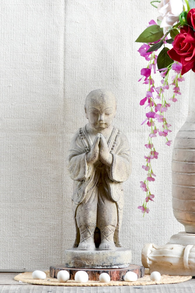 Ekaurr Praying Monk handcrafted ceramic figurine with hands folded in prayer, artisan spiritual sculpture evoking devotion and stillness for home altars and shelves