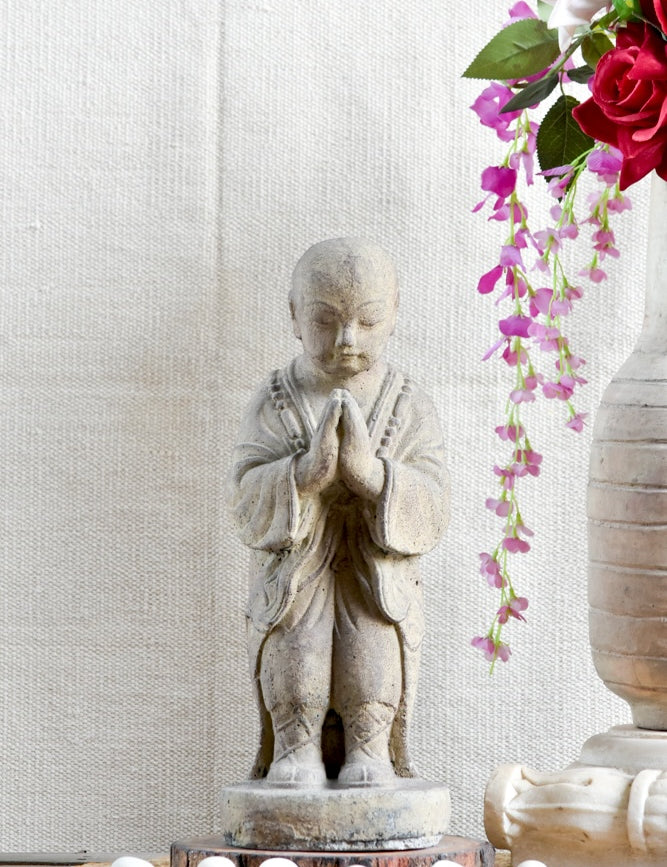 Ekaurr Praying Monk handcrafted ceramic figurine with hands folded in prayer, artisan spiritual sculpture evoking devotion and stillness for home altars and shelves