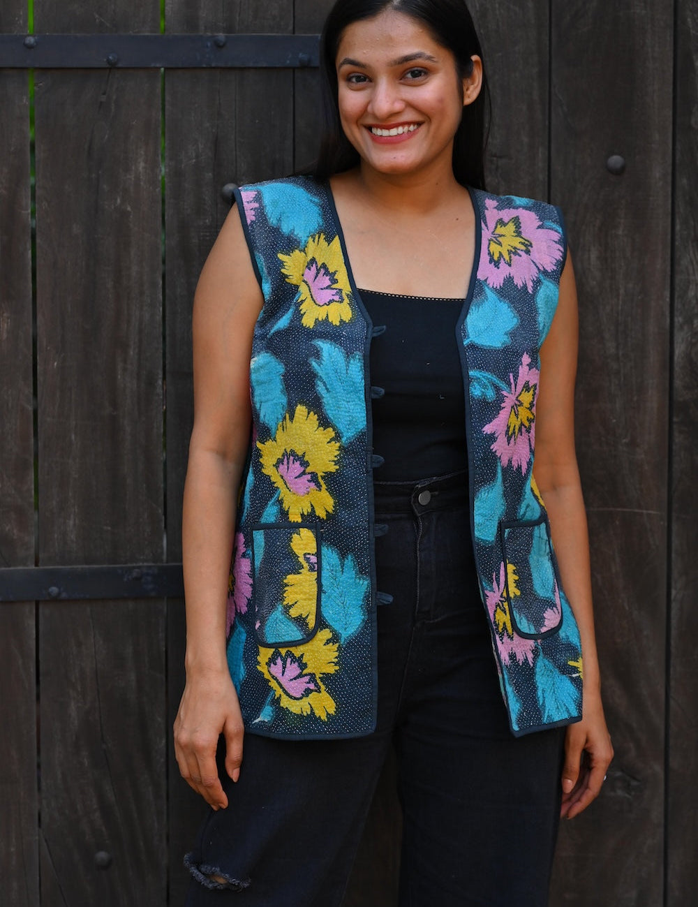 Ekaurr BIGDI Primary Pops Jacket handcrafted cotton jacket in bold primary colour pops of red yellow and blue in a playful patchwork or print composition, artisan slow fashion outerwear for women from the BIGDI collection