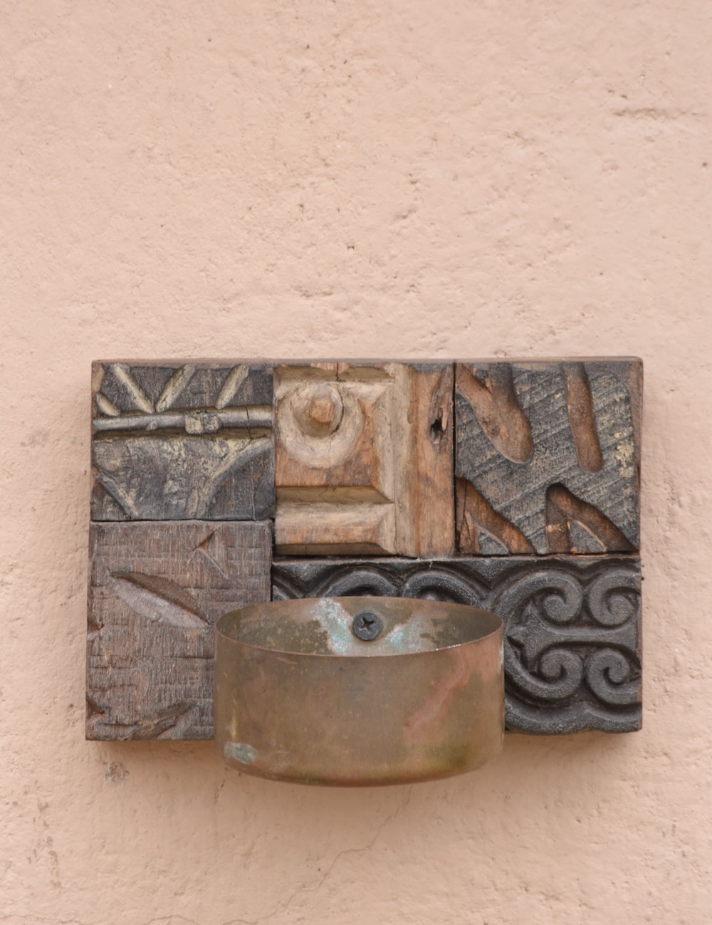 Ekaurr Print Block with Brass Bowl Tea Light Holder on Wall set of 6 vintage wooden print blocks wall-mounted each holding a small brass bowl for tea lights, artisan heritage wall candle display for living rooms and dining spaces