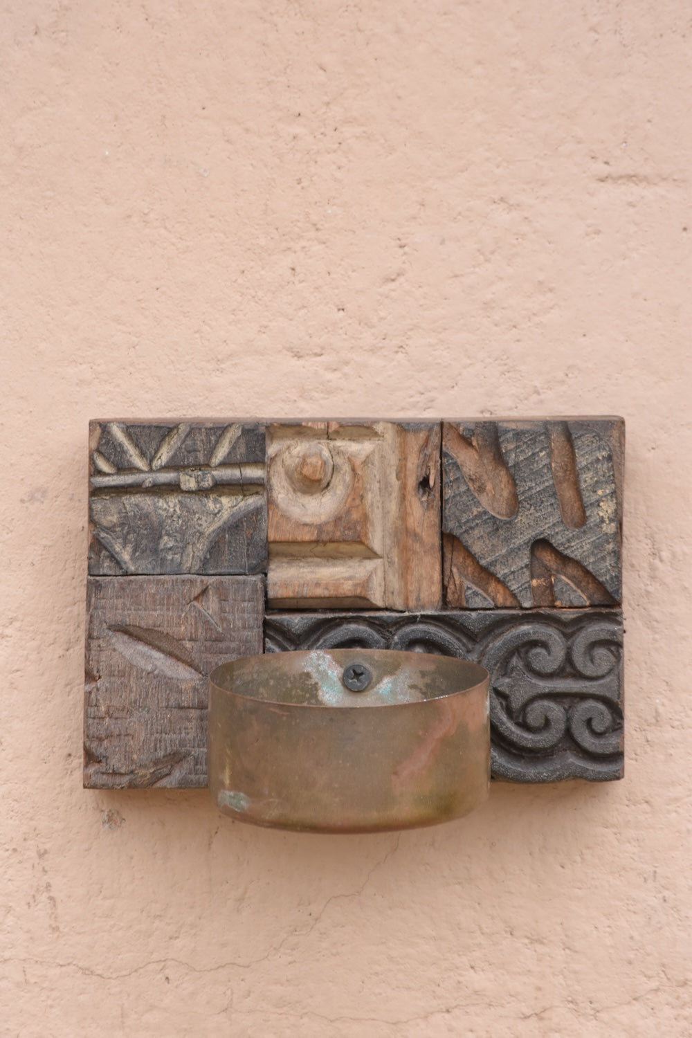Ekaurr Print Block with Brass Bowl Tea Light Holder on Wall set of 6 vintage wooden print blocks wall-mounted each holding a small brass bowl for tea lights, artisan heritage wall candle display for living rooms and dining spaces