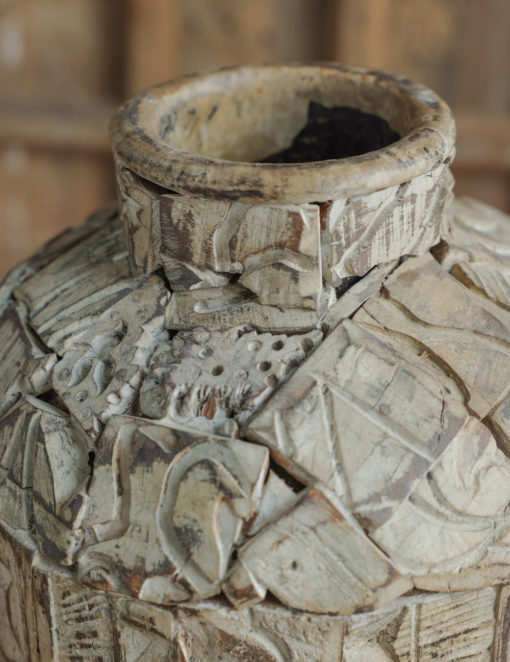 Close-up of Ekaurr Print Block Cladded Iron Pot showing intricate hand-carved wood block pattern mosaic on iron body rustic artisan craft