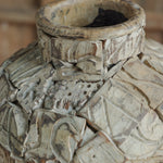 Close-up of Ekaurr Print Block Cladded Iron Pot showing intricate hand-carved wood block pattern mosaic on iron body rustic artisan craft