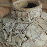 Close-up of Ekaurr Print Block Cladded Iron Pot showing intricate hand-carved wood block pattern mosaic on iron body rustic artisan craft