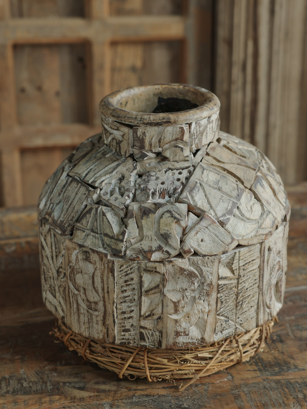Ekaurr Print Block Cladded Iron Pot vintage hand-carved Indian textile printing block pieces assembled on iron pot in distressed whitewashed finish