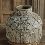Ekaurr Print Block Cladded Iron Pot vintage hand-carved Indian textile printing block pieces assembled on iron pot in distressed whitewashed finish