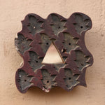 Close-up of Ekaurr Print Block Mirror showing intricate hand-carved motifs and aged patina on repurposed wooden printing block