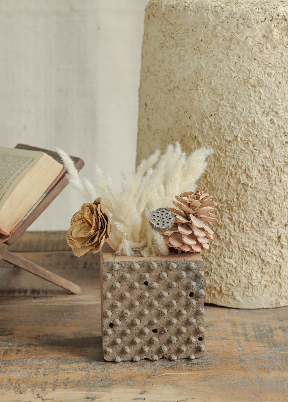 Ekaurr Print Block Planter crafted from vintage Indian hand-carved textile print block, versatile as a table planter or wall-mounted display with built-in hanging system