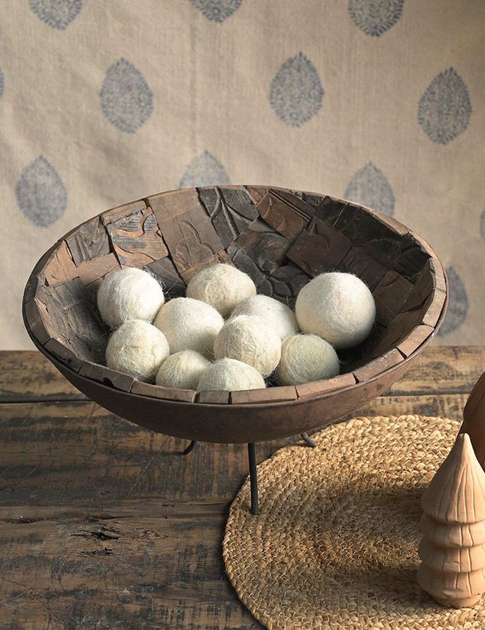 Ekaurr Printing Block Cladded Iron Bowl on iron stand – front view showing vintage wooden block cladding with traditional carved patterns