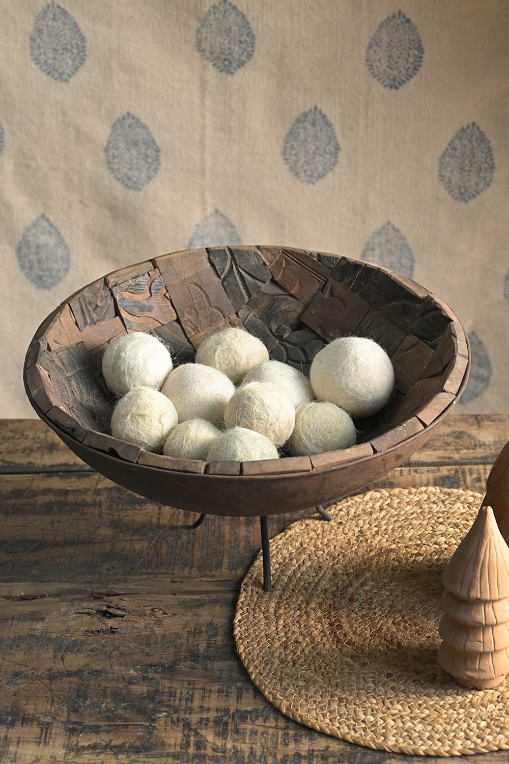 Ekaurr Printing Block Cladded Iron Bowl on iron stand – front view showing vintage wooden block cladding with traditional carved patterns