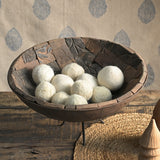 Ekaurr Printing Block Cladded Iron Bowl on iron stand – front view showing vintage wooden block cladding with traditional carved patterns