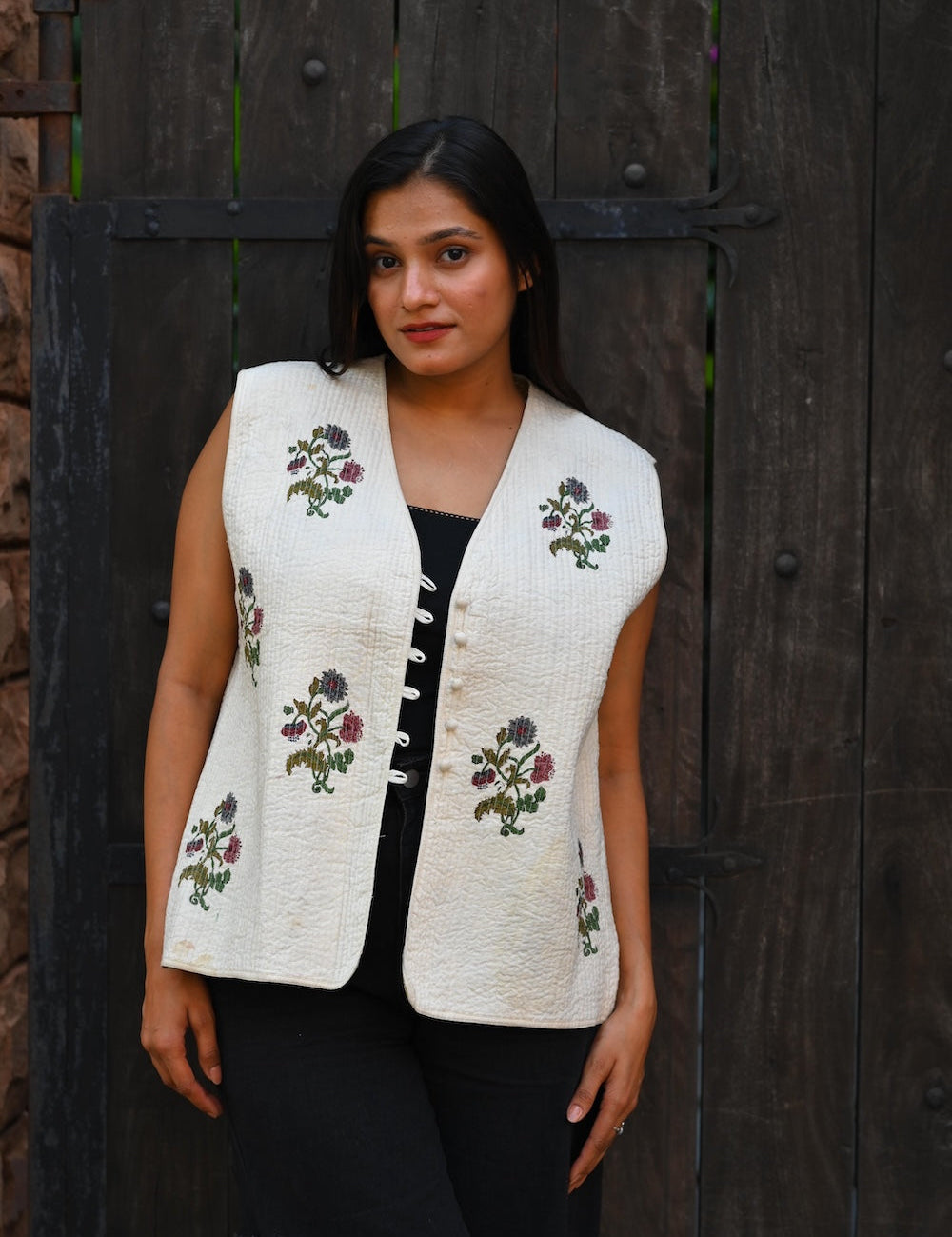 Ekaurr BIGDI Pure Blossom Jacket handcrafted cotton jacket in soft white or ivory with a delicate blossom print or embroidered floral surface, artisan slow fashion outerwear for women from the BIGDI collection
