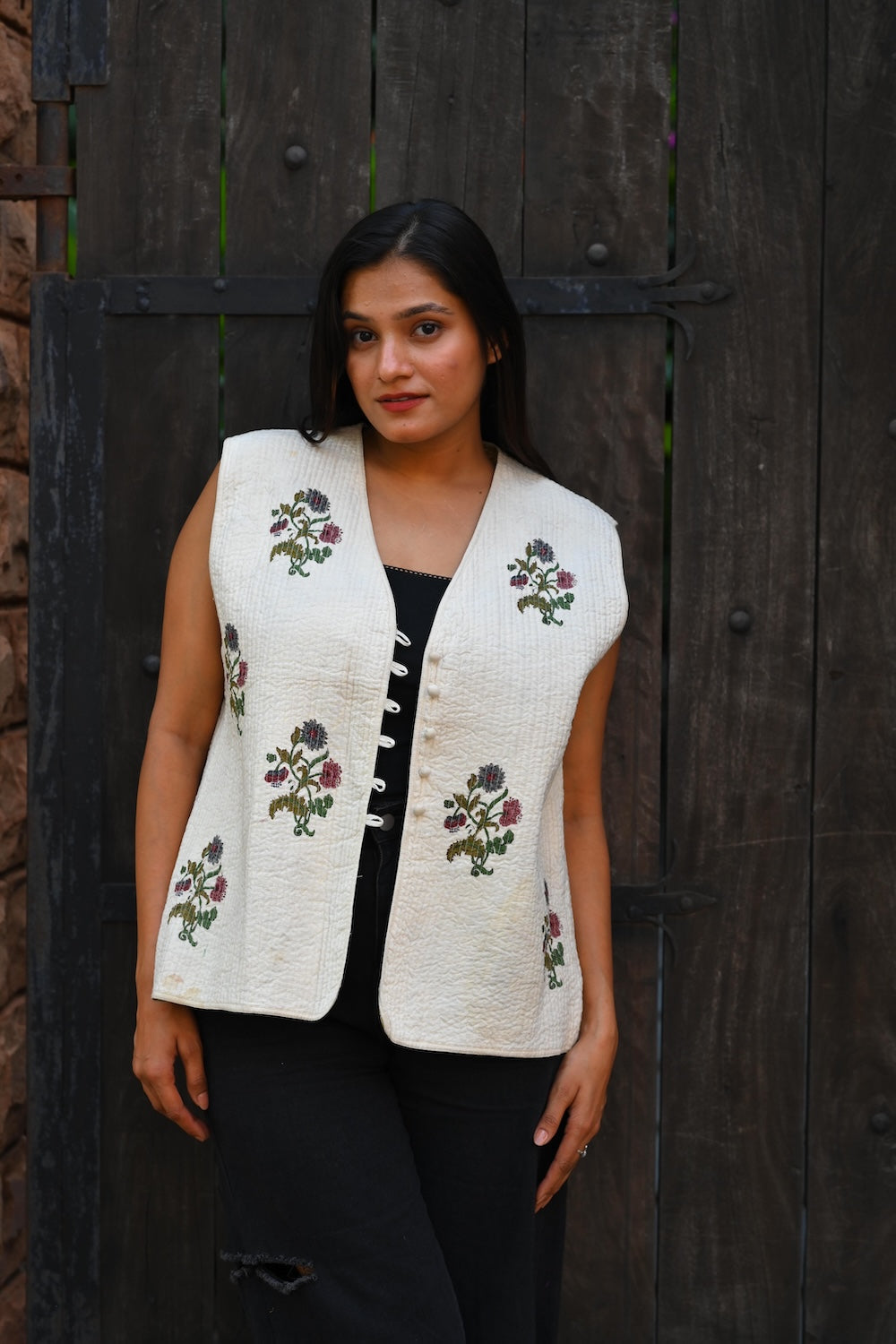 Ekaurr BIGDI Pure Blossom Jacket handcrafted cotton jacket in soft white or ivory with a delicate blossom print or embroidered floral surface, artisan slow fashion outerwear for women from the BIGDI collection