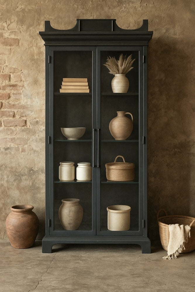 Ekaurr Queen Almirah tall black metal cupboard with transparent glass doors and glass shelves, industrial-elegant storage cabinet for home
