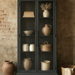 Ekaurr Queen Almirah tall black metal cupboard with transparent glass doors and glass shelves, industrial-elegant storage cabinet for home
