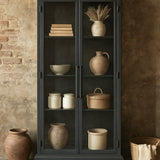 Ekaurr Queen Almirah tall black metal cupboard with transparent glass doors and glass shelves, industrial-elegant storage cabinet for home