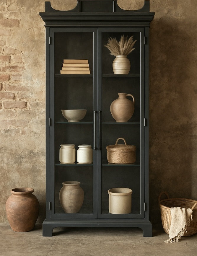 Ekaurr Queen Almirah tall black metal cupboard with transparent glass doors and glass shelves, industrial-elegant storage cabinet for home