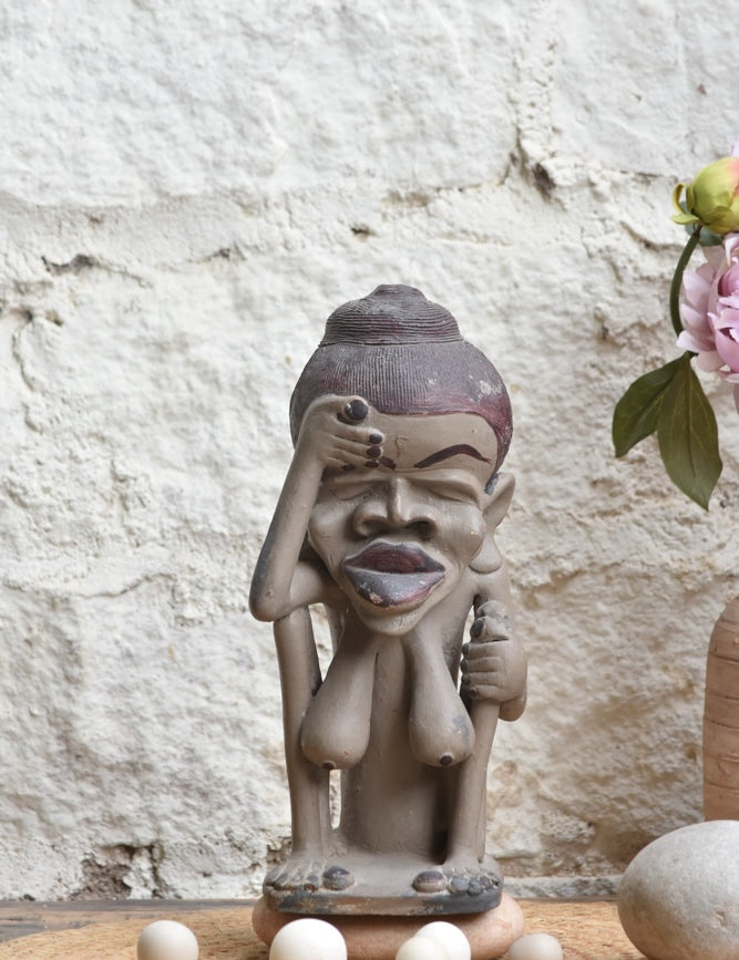 Ekaurr Quiet Thinker handcrafted ceramic monk figurine in a contemplative seated thinking pose, artisan spiritual home decor sculpture for shelves and meditation corners