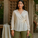 Ekaurr BIGDI Raahi Side Tie Cotton Top finest cotton summer top with a wanderer-spirit side-tie knot detail in soft earthy pastel tones, artisan slow fashion top for women from the BIGDI summer collection
