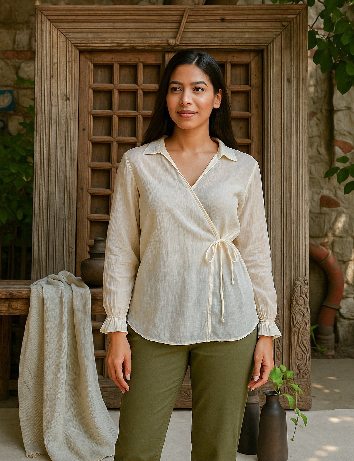 Ekaurr BIGDI Raahi Side Tie Cotton Top finest cotton summer top with a wanderer-spirit side-tie knot detail in soft earthy pastel tones, artisan slow fashion top for women from the BIGDI summer collection