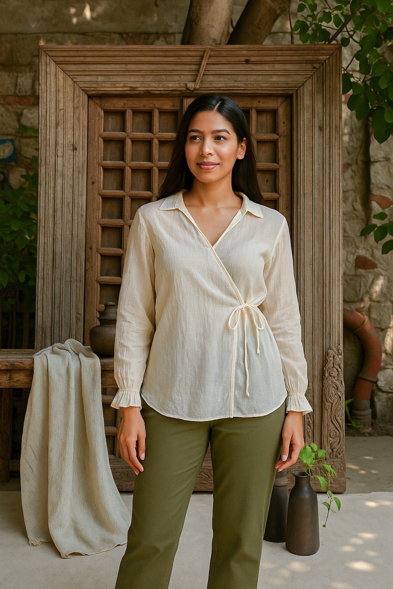 Ekaurr BIGDI Raahi Side Tie Cotton Top finest cotton summer top with a wanderer-spirit side-tie knot detail in soft earthy pastel tones, artisan slow fashion top for women from the BIGDI summer collection