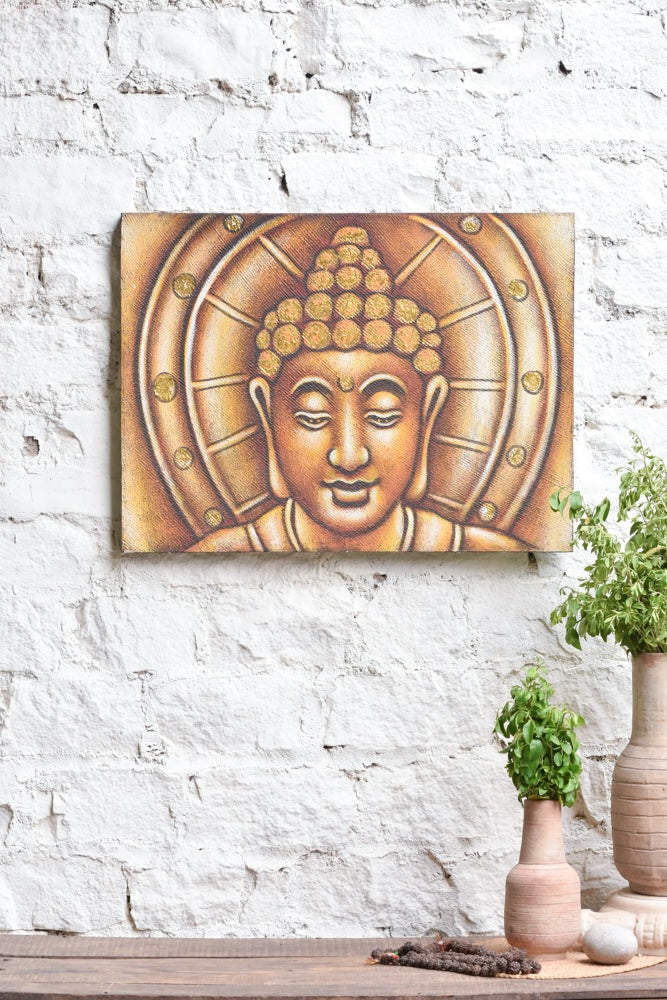 Ekaurr Radiant Stillness painting with a luminous meditative composition in warm gold and amber tones evoking inner calm and stillness, handcrafted canvas art for living rooms meditation corners and mindful home interiors