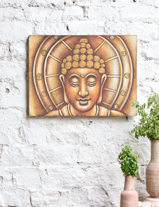 Ekaurr Radiant Stillness painting with a luminous meditative composition in warm gold and amber tones evoking inner calm and stillness, handcrafted canvas art for living rooms meditation corners and mindful home interiors