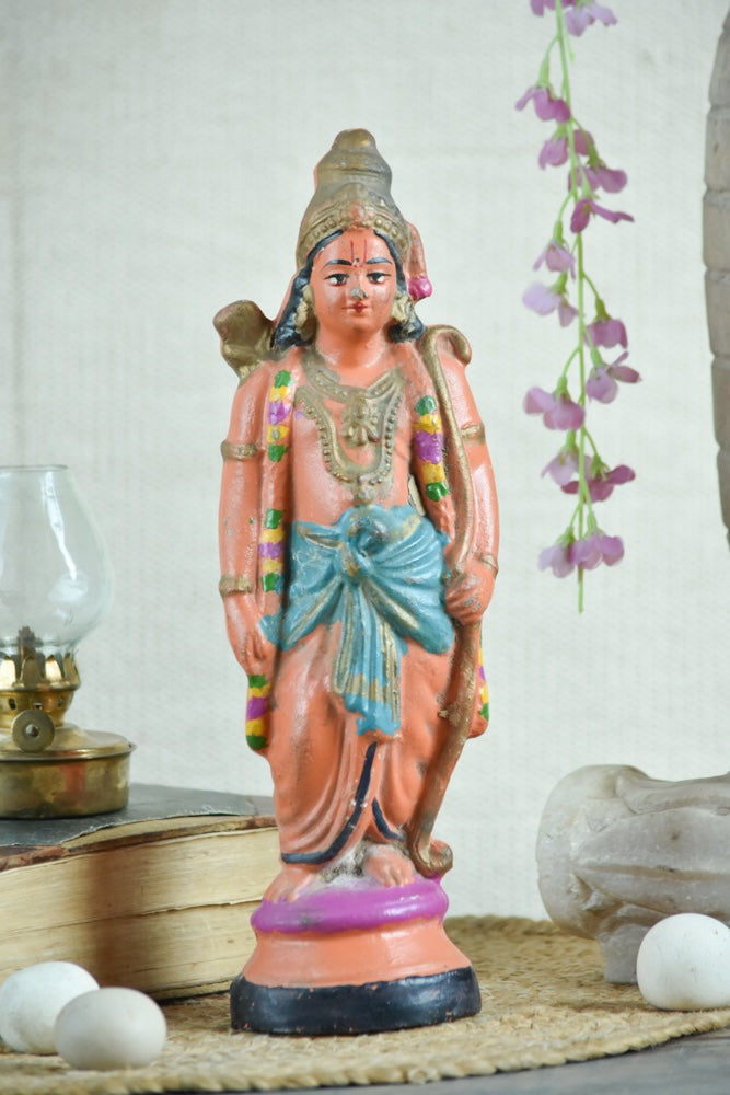 Ekaurr Rama Dharma Lord Rama hand-painted vintage idol in peach and blue tones holding bow, traditional Indian devotional figurine for pooja spaces and home decor