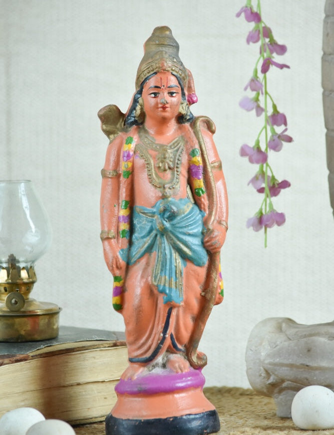 Ekaurr Rama Dharma Lord Rama hand-painted vintage idol in peach and blue tones holding bow, traditional Indian devotional figurine for pooja spaces and home decor
