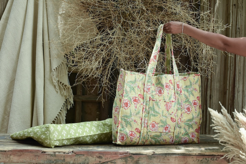 Ekaurr Rang Root Tote Bag handcrafted Indian textile tote bag with vibrant block print or natural dye root-colour design, artisan slow fashion accessory for everyday conscious use and styling