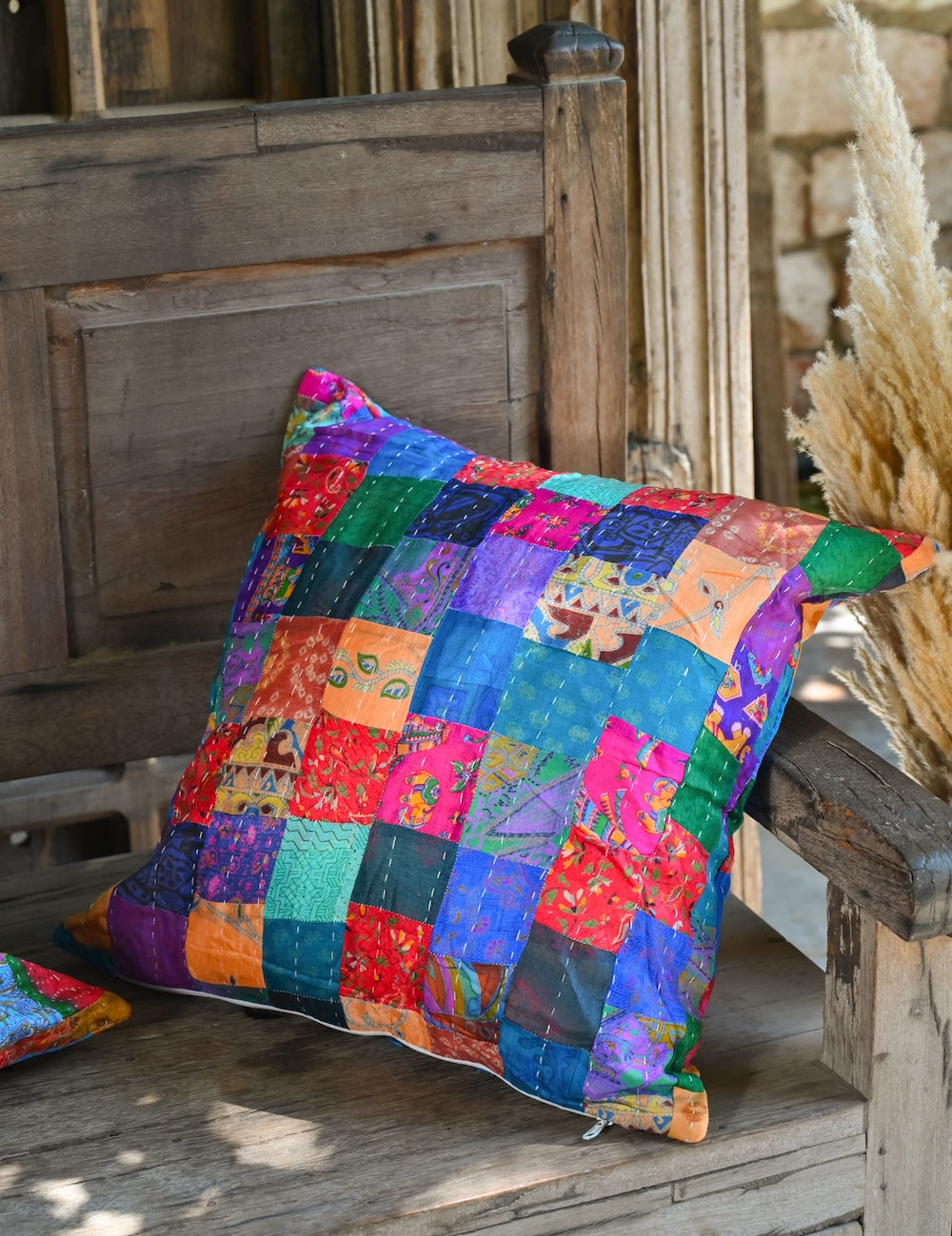 Ekaurr Rangrez Cushion Cover handcrafted 18x18 inch cushion cover with a rich dyer-inspired multicolour design in vibrant Indian textile tones, artisan cushion cover for sofas and heritage-inspired home styling