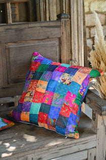Ekaurr Rangrez Cushion Cover handcrafted 18x18 inch cushion cover with a rich dyer-inspired multicolour design in vibrant Indian textile tones, artisan cushion cover for sofas and heritage-inspired home styling