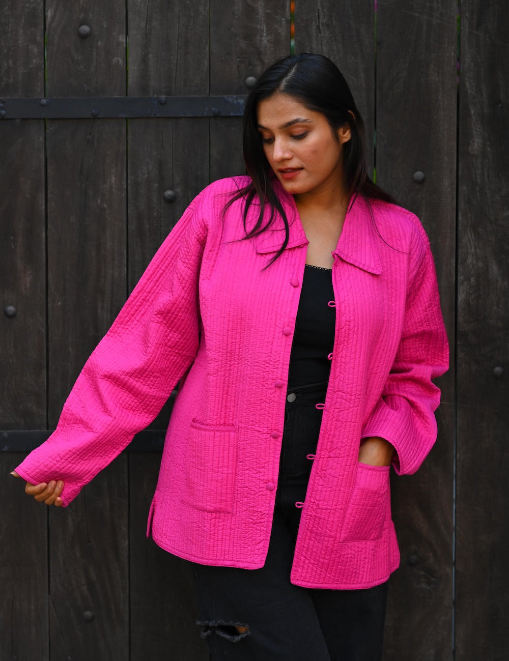 Ekaurr BIGDI Rani Charm Jacket handcrafted cotton jacket in regal rani pink with a charming folk textile or kantha surface, artisan slow fashion outerwear for women from the BIGDI collection