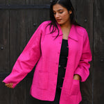 Ekaurr BIGDI Rani Charm Jacket handcrafted cotton jacket in regal rani pink with a charming folk textile or kantha surface, artisan slow fashion outerwear for women from the BIGDI collection
