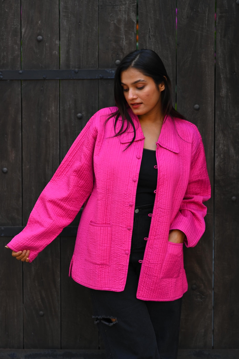 Ekaurr BIGDI Rani Charm Jacket handcrafted cotton jacket in regal rani pink with a charming folk textile or kantha surface, artisan slow fashion outerwear for women from the BIGDI collection