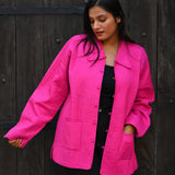 Ekaurr BIGDI Rani Charm Jacket handcrafted cotton jacket in regal rani pink with a charming folk textile or kantha surface, artisan slow fashion outerwear for women from the BIGDI collection