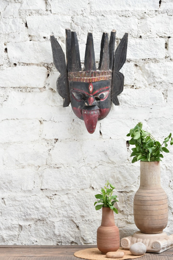 Ekaurr Raudra The Fierce Protector hand-carved wooden tribal wall mask with bold fierce features, vintage reclaimed wood statement décor sculpture