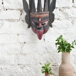 Ekaurr Raudra The Fierce Protector hand-carved wooden tribal wall mask with bold fierce features, vintage reclaimed wood statement décor sculpture