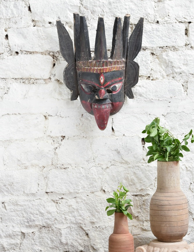 Ekaurr Raudra The Fierce Protector hand-carved wooden tribal wall mask with bold fierce features, vintage reclaimed wood statement décor sculpture