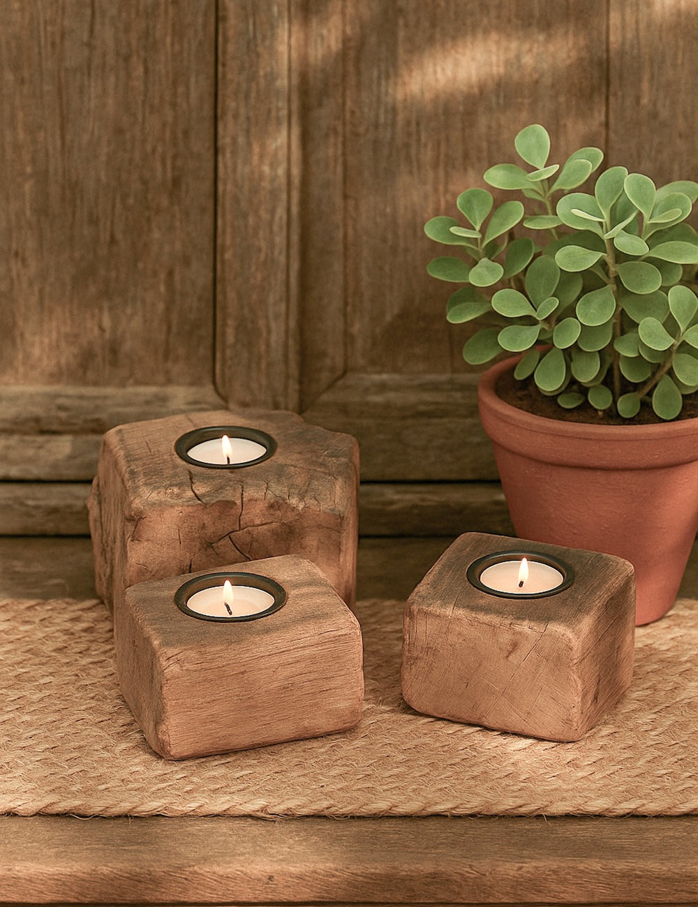 Ekaurr Set of 3 Reclaimed Wood Block Tea Light Holders – handcrafted with natural grain and vintage character