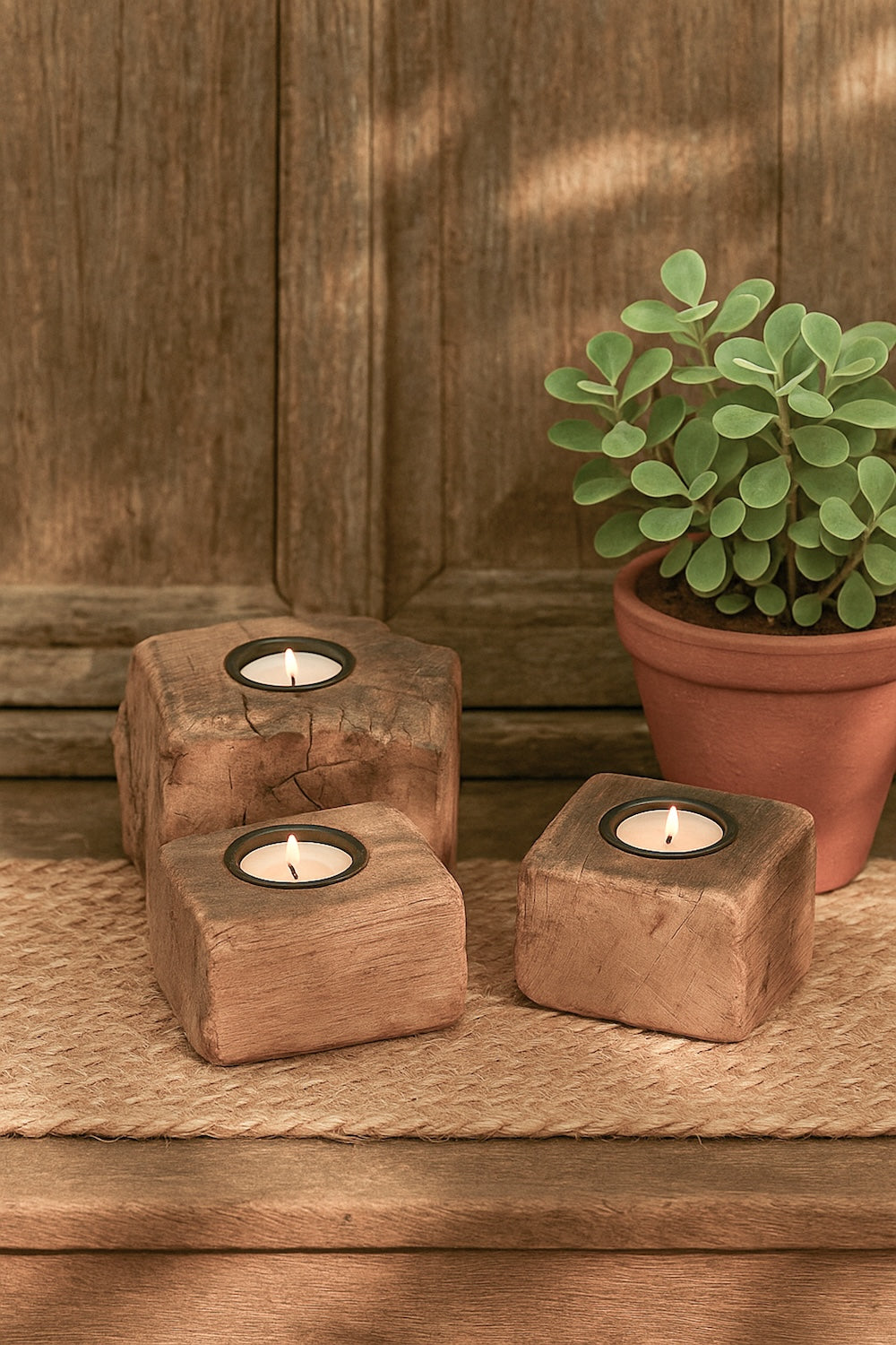Ekaurr Set of 3 Reclaimed Wood Block Tea Light Holders – handcrafted with natural grain and vintage character